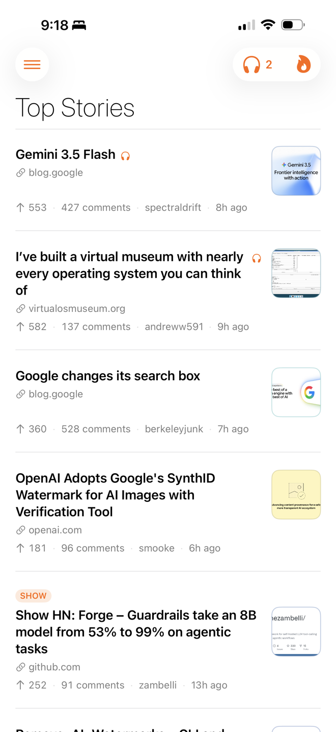 Spool app — Top Stories feed on iPhone, story rows with thumbnails and score