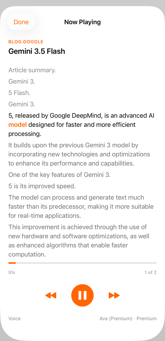 Now Playing — Gemini 3.5 Flash article summary streaming in spoken audio with playback controls