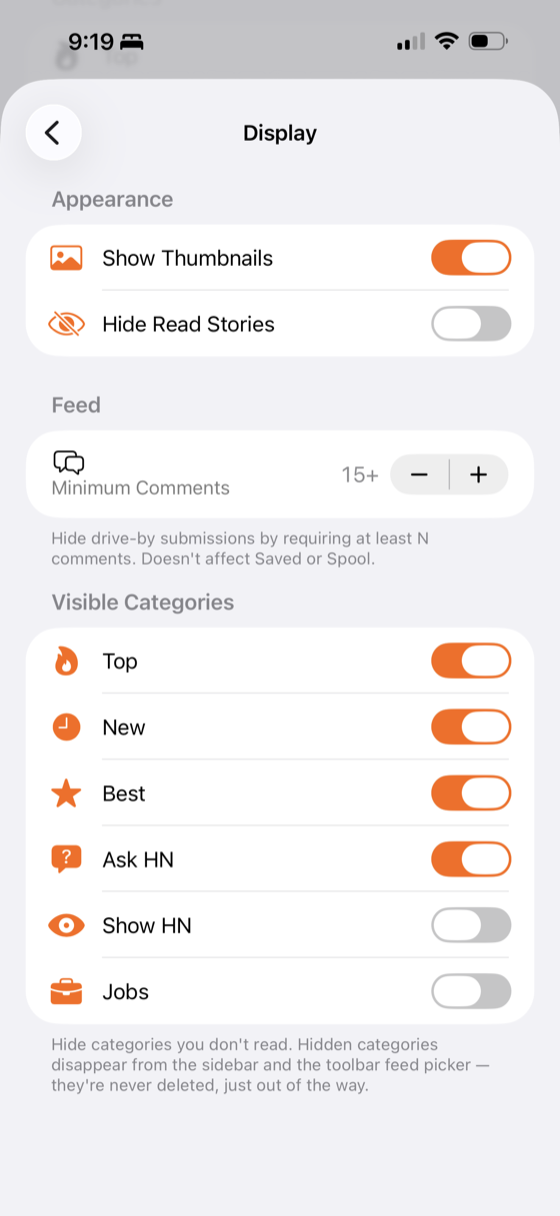 Display settings — toggles for thumbnails and hide-read, minimum-comments stepper, visible categories list