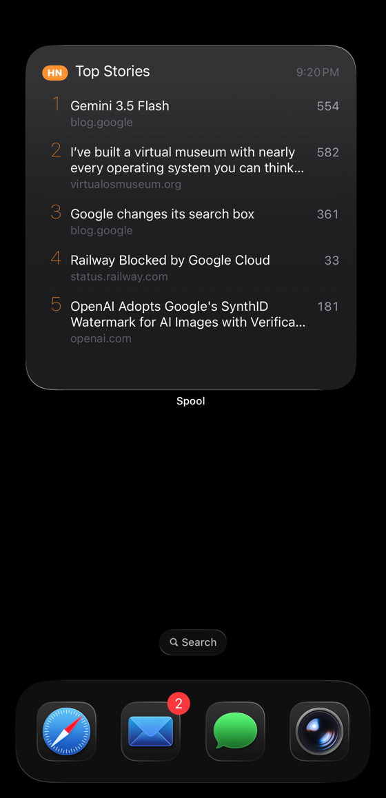 iPhone home screen with the Spool widget showing the top 5 Hacker News stories